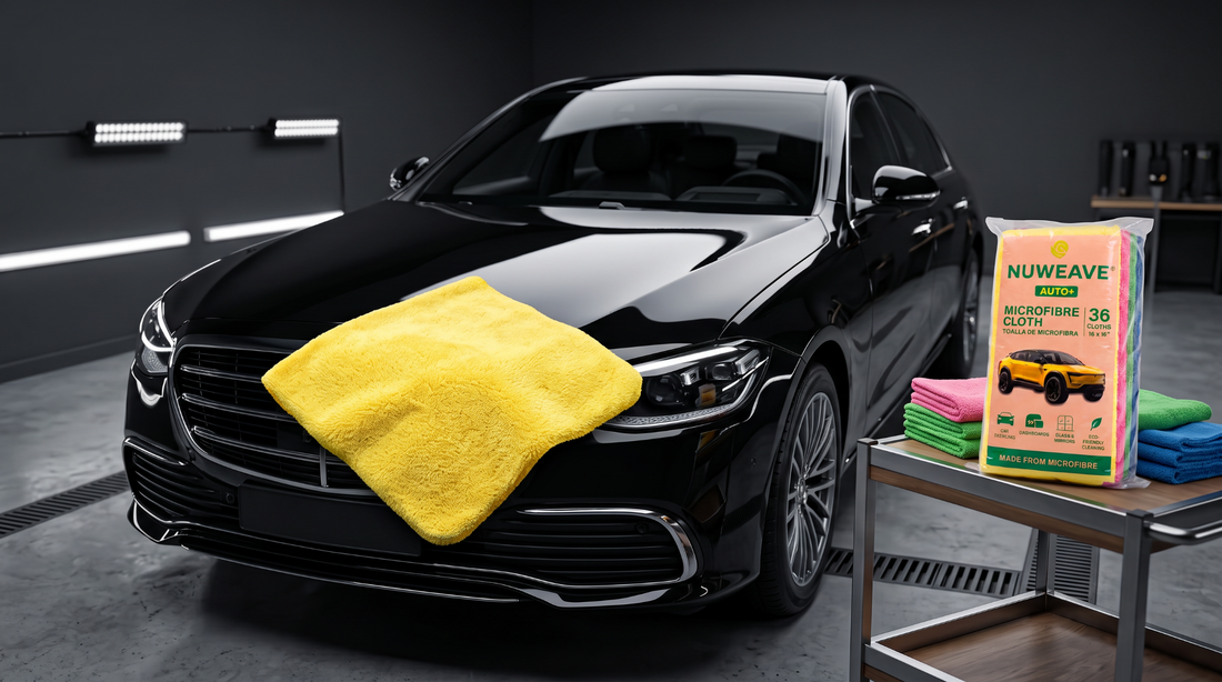 Nuweave microfibre cloths illustrating GSM choices for car detailing